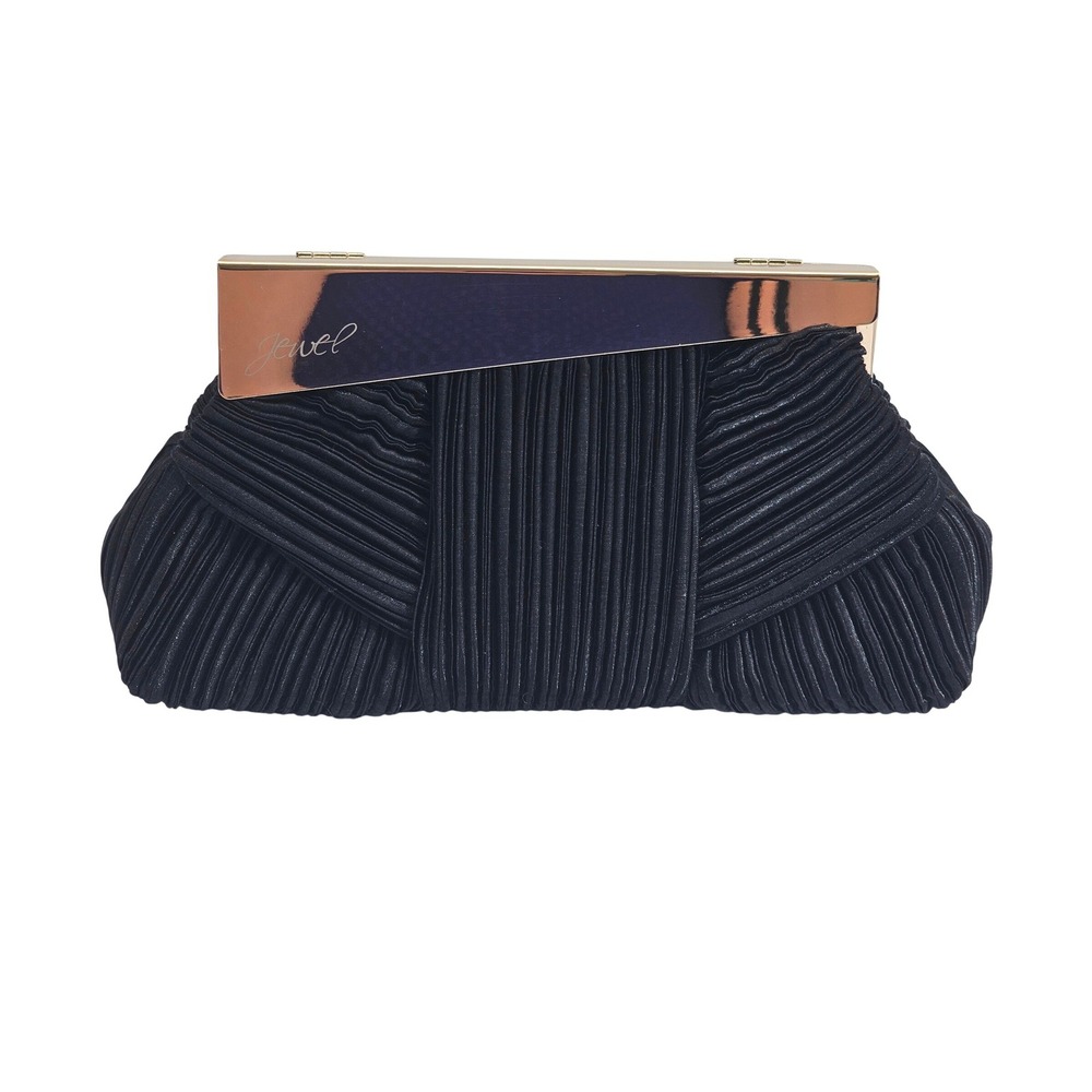 Jewel Badgley Mischka Millie Mini Pleated Clutch Black Gold Hardware Evening Bag